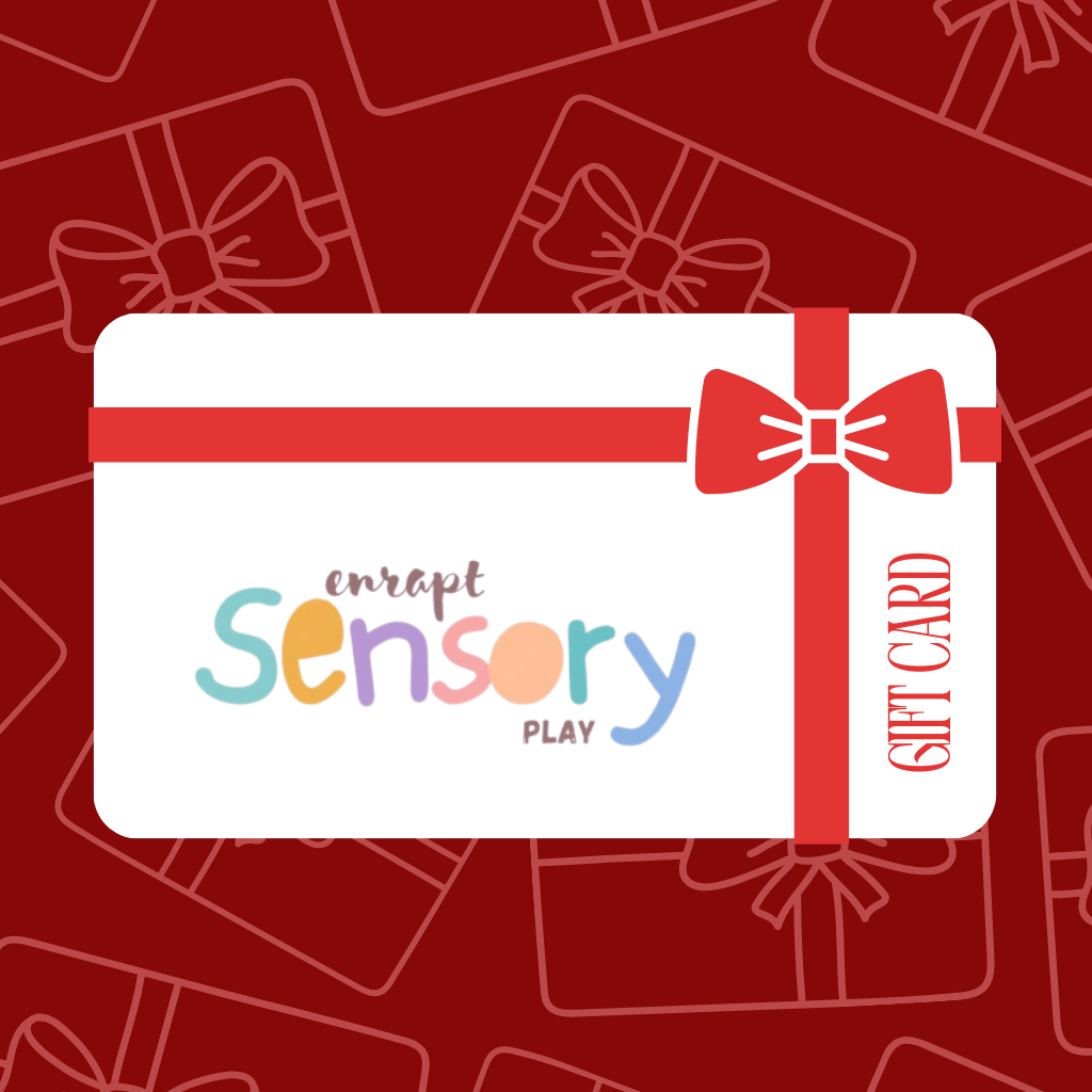 Gift card with 'Enrupt Sensory Play' branding on a red background with gift box patterns.